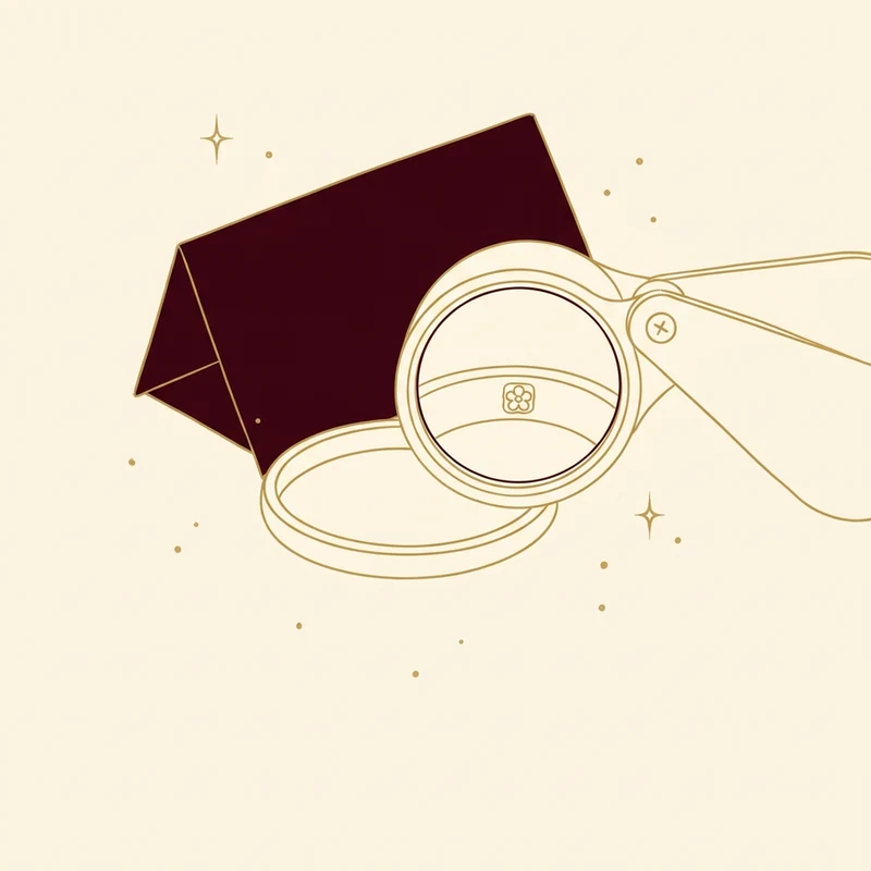 Ilustrasi loupe perhiasan di atas cincin emas dengan nota di belakangnya