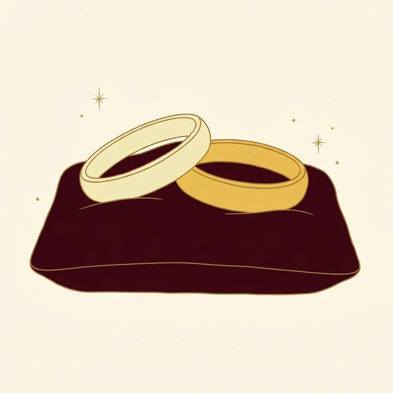 Ilustrasi cincin emas muda dan cincin emas tua di atas bantal