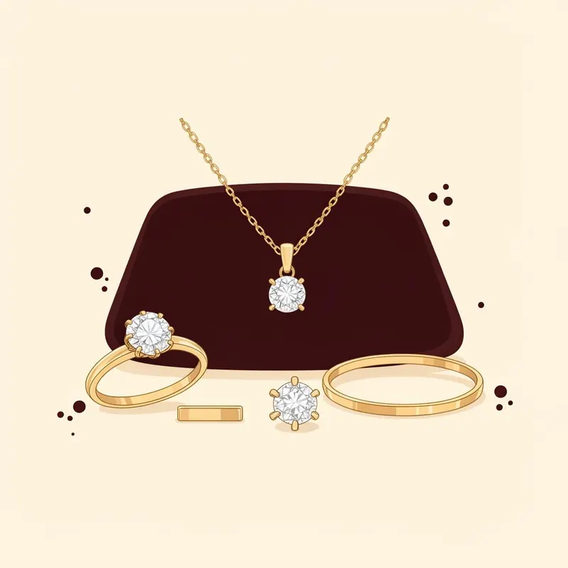 Ilustrasi kalung, cincin, dan anting emas bermata di atas beludru marun