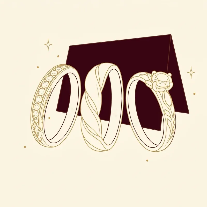 Ilustrasi tiga cincin emas di depan kotak perhiasan